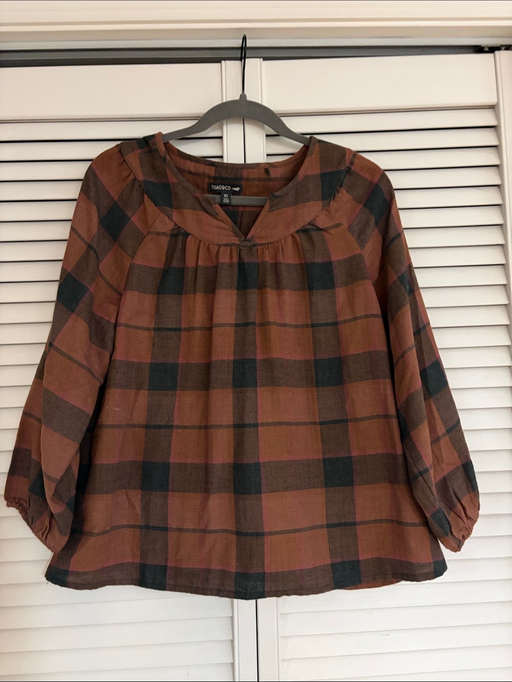 Toad&Co Re-Form Plaid 3/4 Sleeve Peasant Top - XS